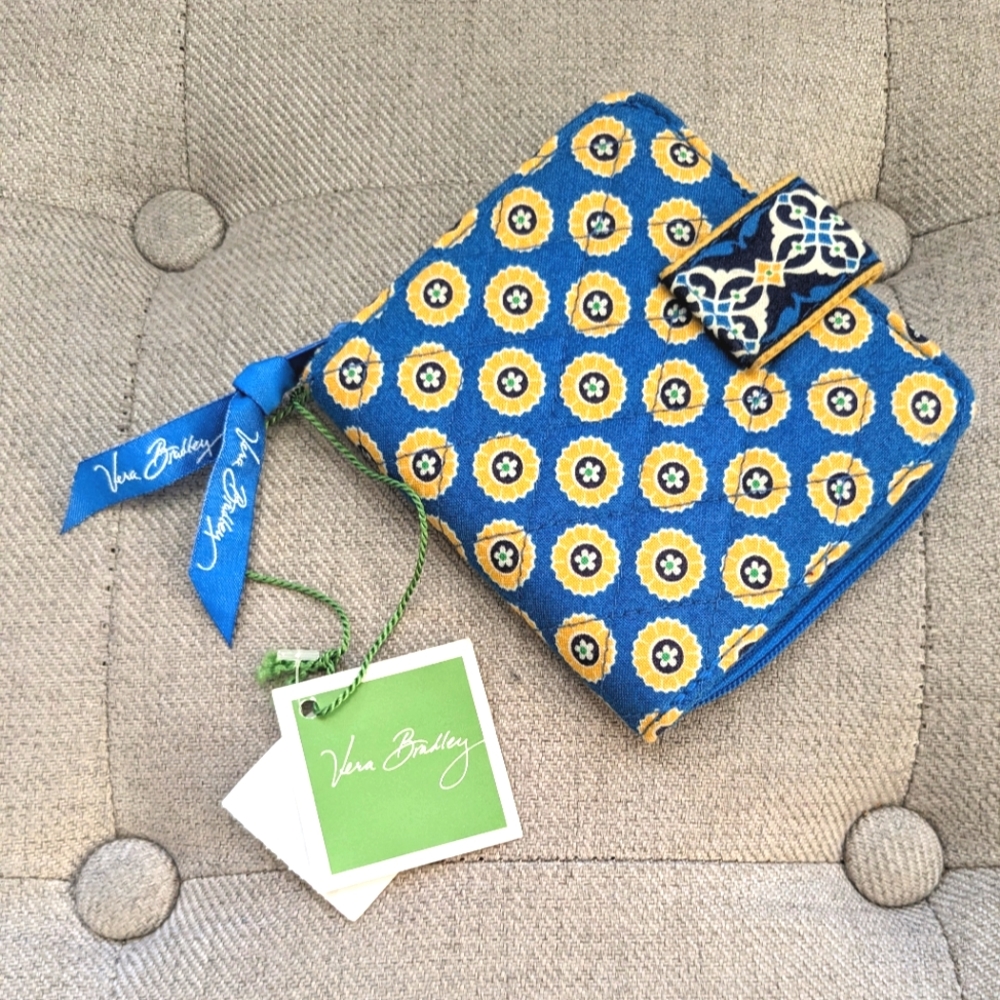 VERA BRADLEY Riviera Blue Yellow Medallion Mini Zip ID Wallet Coin Purse